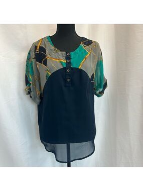 Sweet Rain navy chiffon chain rope tassel lion print short sleeve blouse